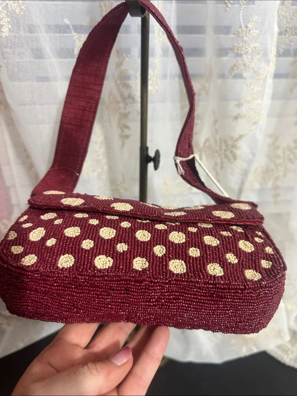 Sol and Mer wine colored cream polka dots beaded shoulder bag